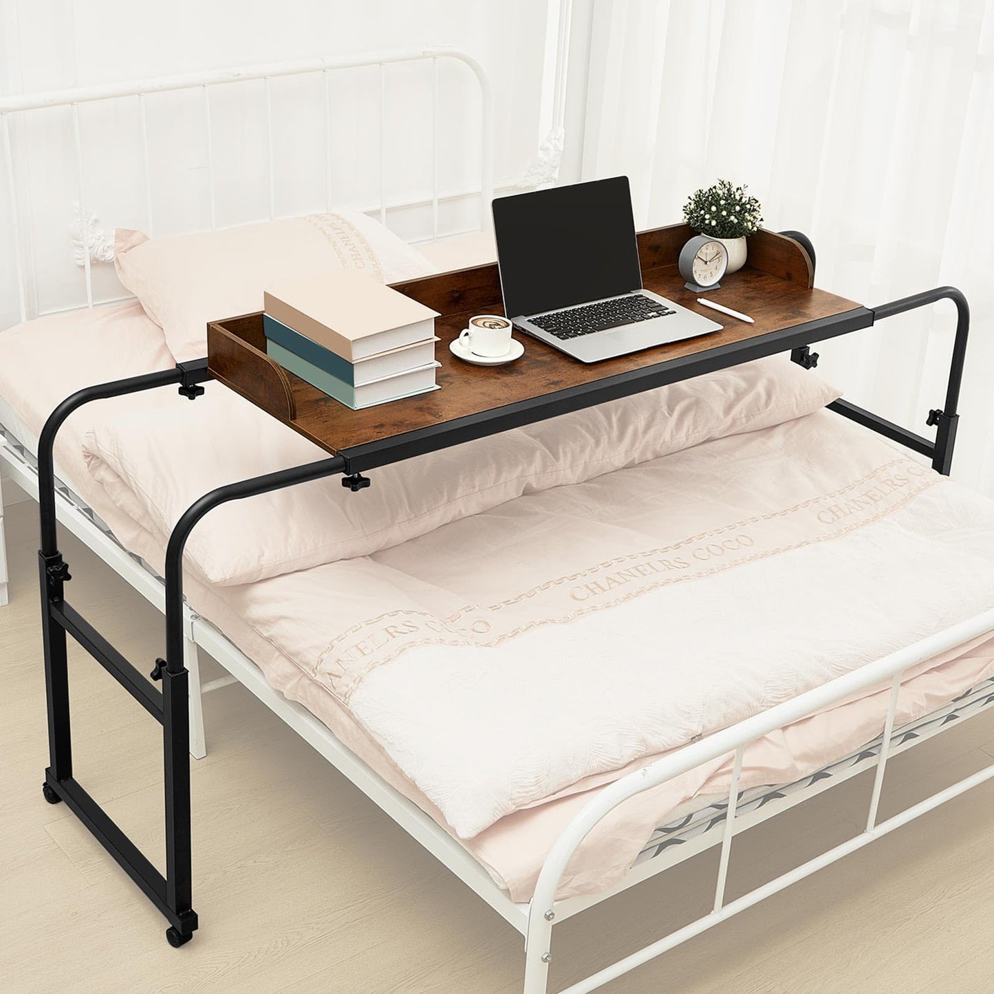 Leinuosen Overbed Table with Wheels Bed Desk Laptop Recliner Table Adjustable Height 55.1-82.7x25.6 x18.1 inches Overbed Laptop Desk for Hospital and Home use