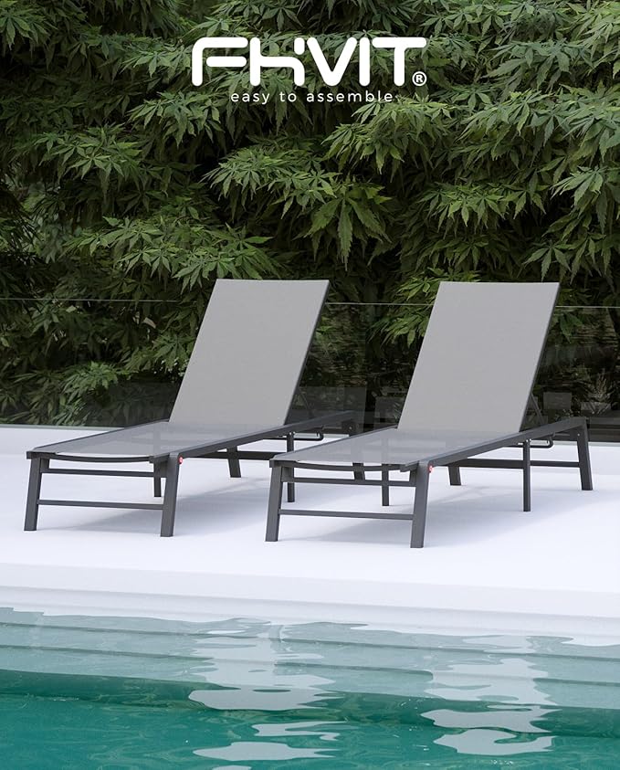FHVIT Aluminum Chaise Lounge Chair Outdoor, Foldable Patio Lounge Chair 2 Sets Assemble-Free, Pool Lounge Chairs with 5 Adjustable Backrest, Outdoor Lounge Chairs for Outside Poolside Beach Lawn Grey