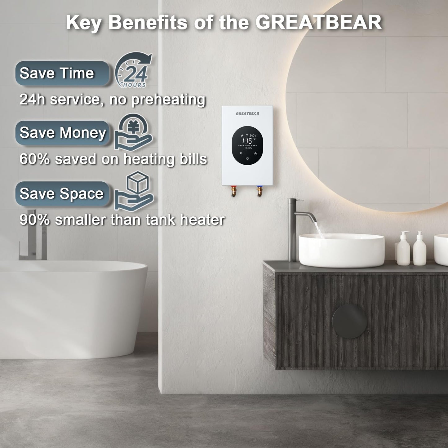 Electric Tankless Water Heater, GREATBEAR 12KW On Demand Water Heater Electric 240V, Point of Use Instant Hot Water Heater, With Self Modulating GT120W White