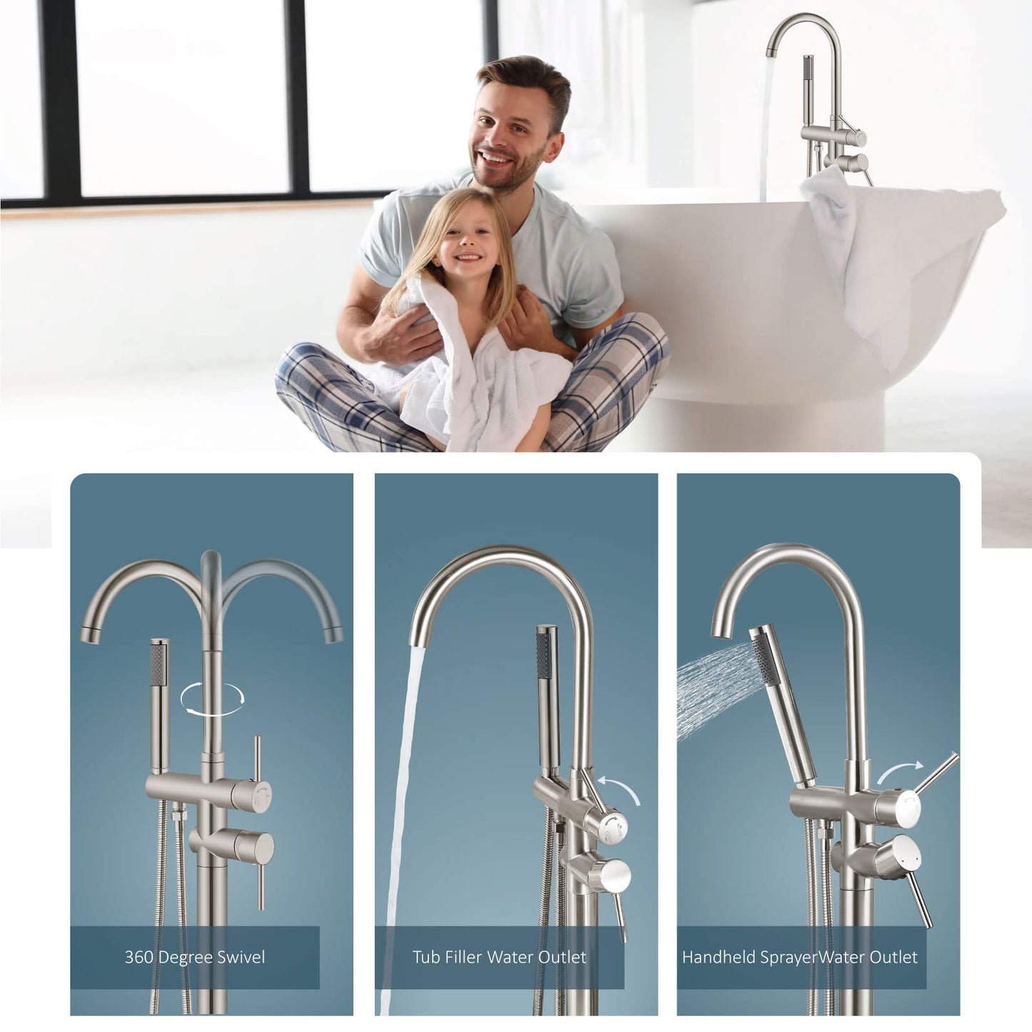 Aolemi Floor Mount Bathtub Faucet Freestanding Tub Filler Standing High Flow Shower Faucets Shower Mixer Taps, Swivel Gooseneck Spout with Cylinder Handheld Brushed Nickel