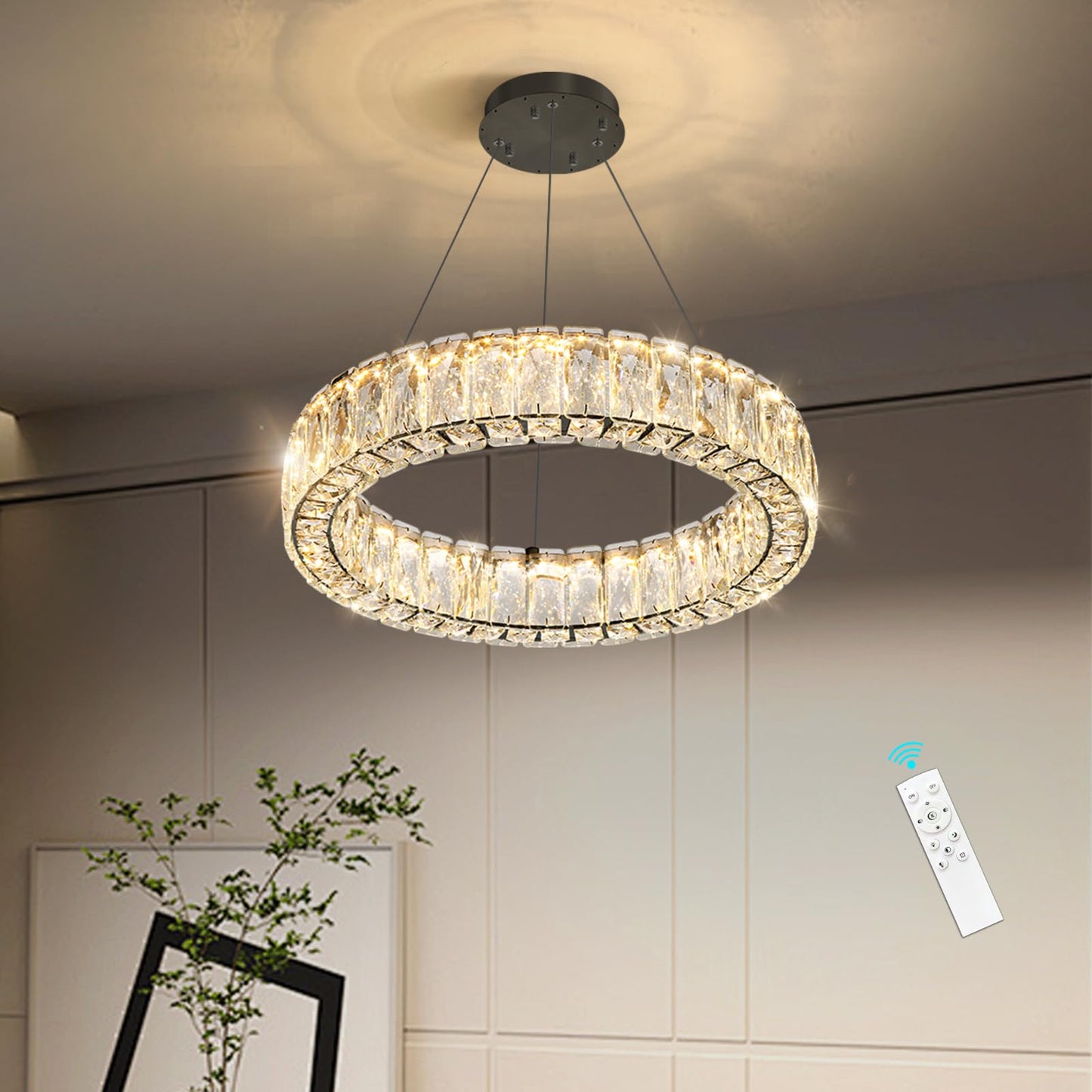 HAIXIANG Modern Crystal Chandelier Dimmable LED 16 Inch Ring Pendant Lights Adjustable Glam Chandeliers Lighting Fixtures for Dining Room Living Room Bedroom Black Light
