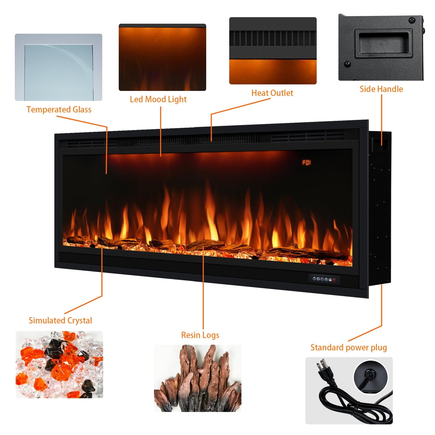 42 inch Smart Electric Fireplace with App Control, Wall Mount & in Wall recessed Fireplace Inserts, Multicolor Flame w/Realistic Log &Crystals, Overheating Protection and Timer, 750W/1500W, Black