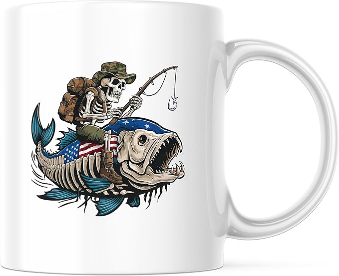 Skull Riding Fish Mug - 11 Ounce Coffee Mug - Camping - Premium Quality Ceramic Mug -Design Printed On Both Sides - Made i...