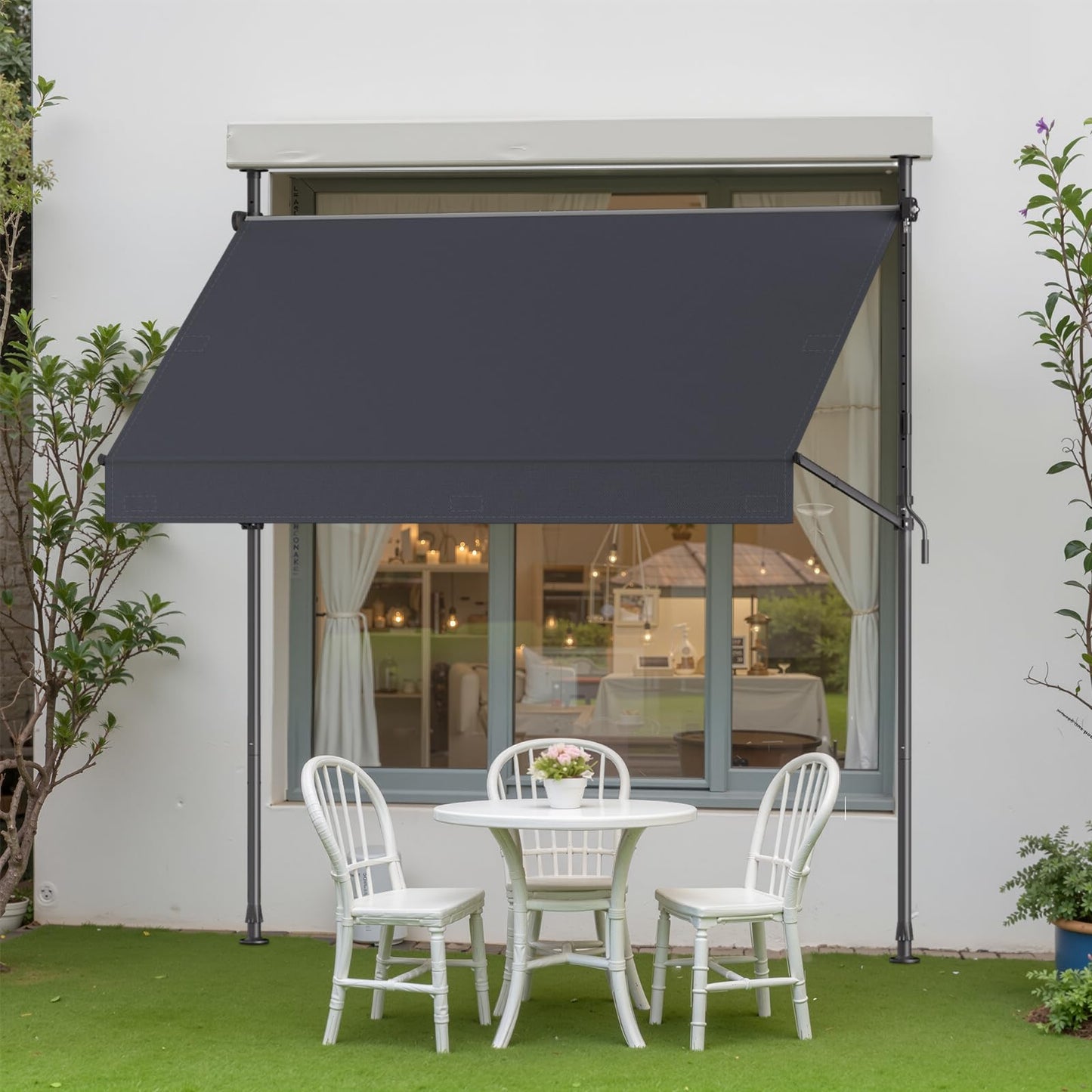 Grandekor Manual Retractable Awning,79"W x 118"H,No Drilling Outdoor Sun Shade Patio Awning,Adjustable Patio Door Window with UV 50+ Protection for Backyard,Garden,Balcony,Max Height 118",Carbon gray