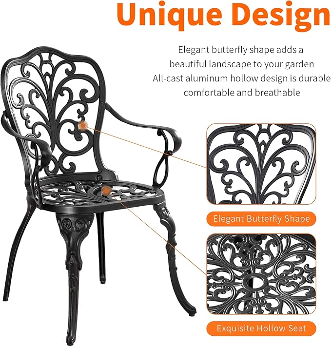 Withniture Bistro Set 3 Piece Outdoor, Bistro Table and Chairs Set of 2, All Weather Patio Bistro Set with Umbrella Hole, Patio Set for Garden, Black