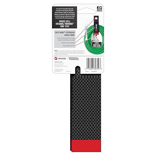 Velcro Brand Easy Hang Extension Cord Organizer Holder | Large 18" Heavy Duty Straps for Garage Organization and Storage Grommet Hangs Easily on Wall Hooks or Nails 2pk, Holds 100bs, Black