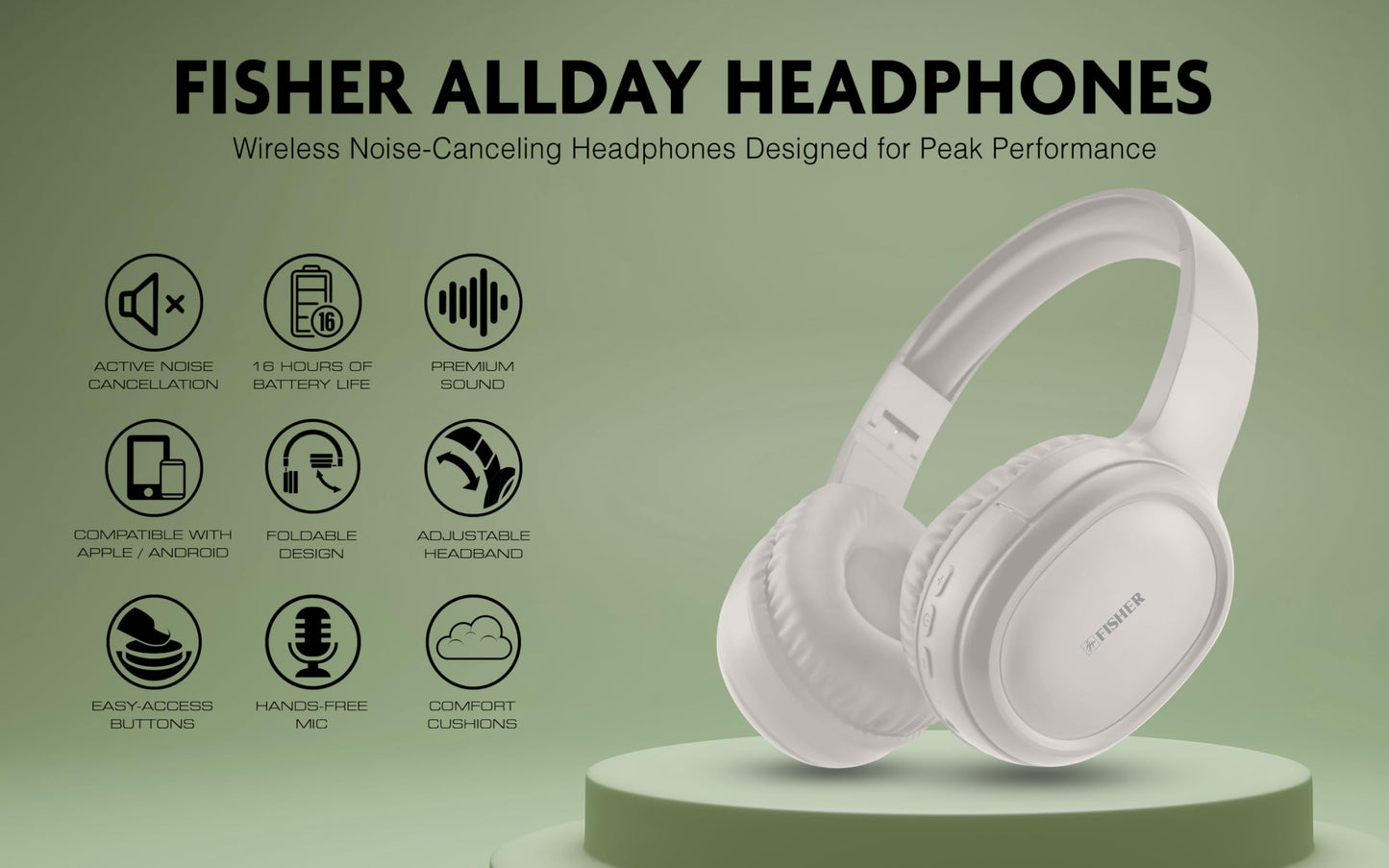 Fisher Active Noise Cancelling Headphones, Over Ear Wireless Bluetooth 5.3 w Microphone, Lightweight Comfortable Headset for Home Travel, 16H Playtime, Rechargeable, Hi-Res Sound Audio, Deep Bass