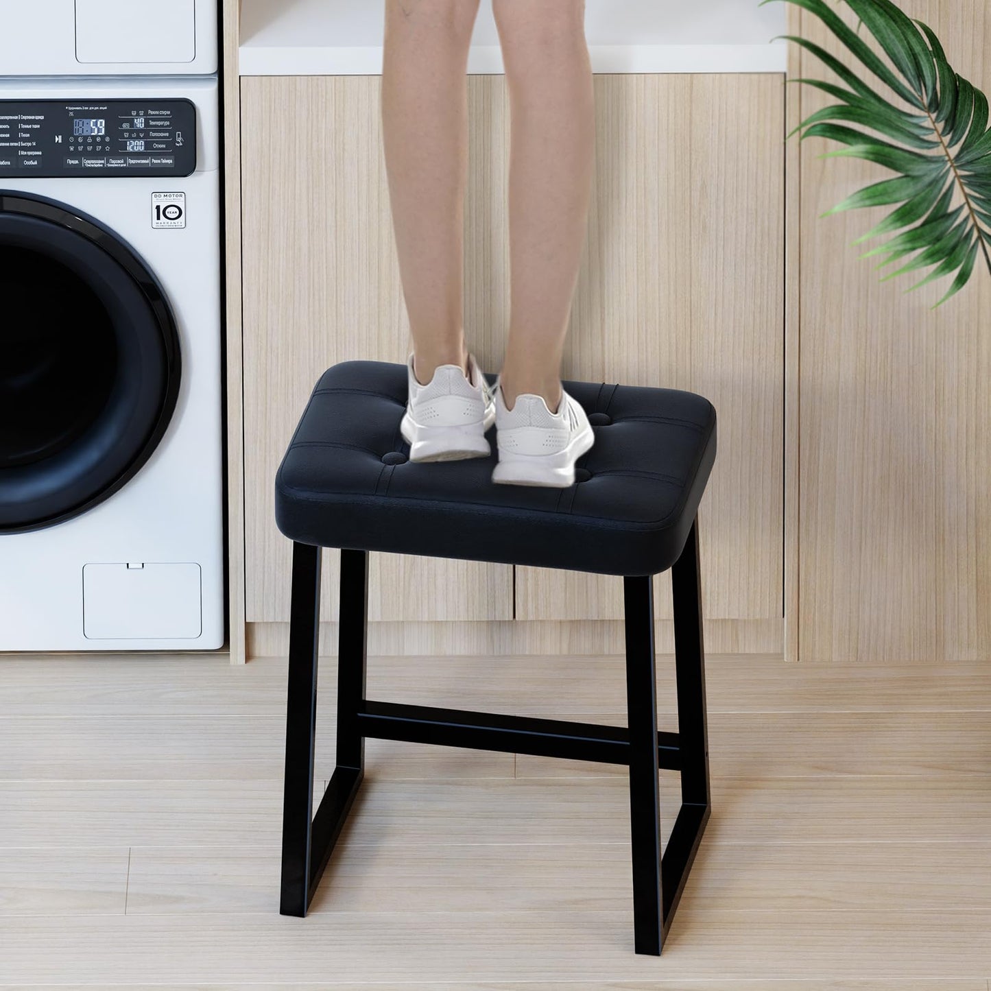 iTsst Vanity Stool Chair, Makeup Stool for Vanity,Small Ottoman Footrest for Living Room, Bathroom, Bedroom, Entryway, Offices，Leather &Metal Legs with Anti-Slip Feet, Black
