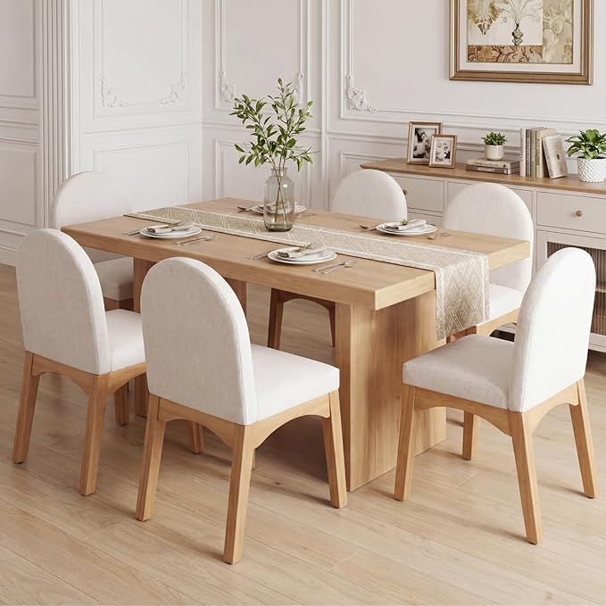 DUOMAY Modern Dining Chairs Set of 6, Mid Century Linen Fabric Upholstered Dining Room Chairs Kitchen Chairs with Solid Rubberwood Legs, Armless Accent Side Chairs, Beige