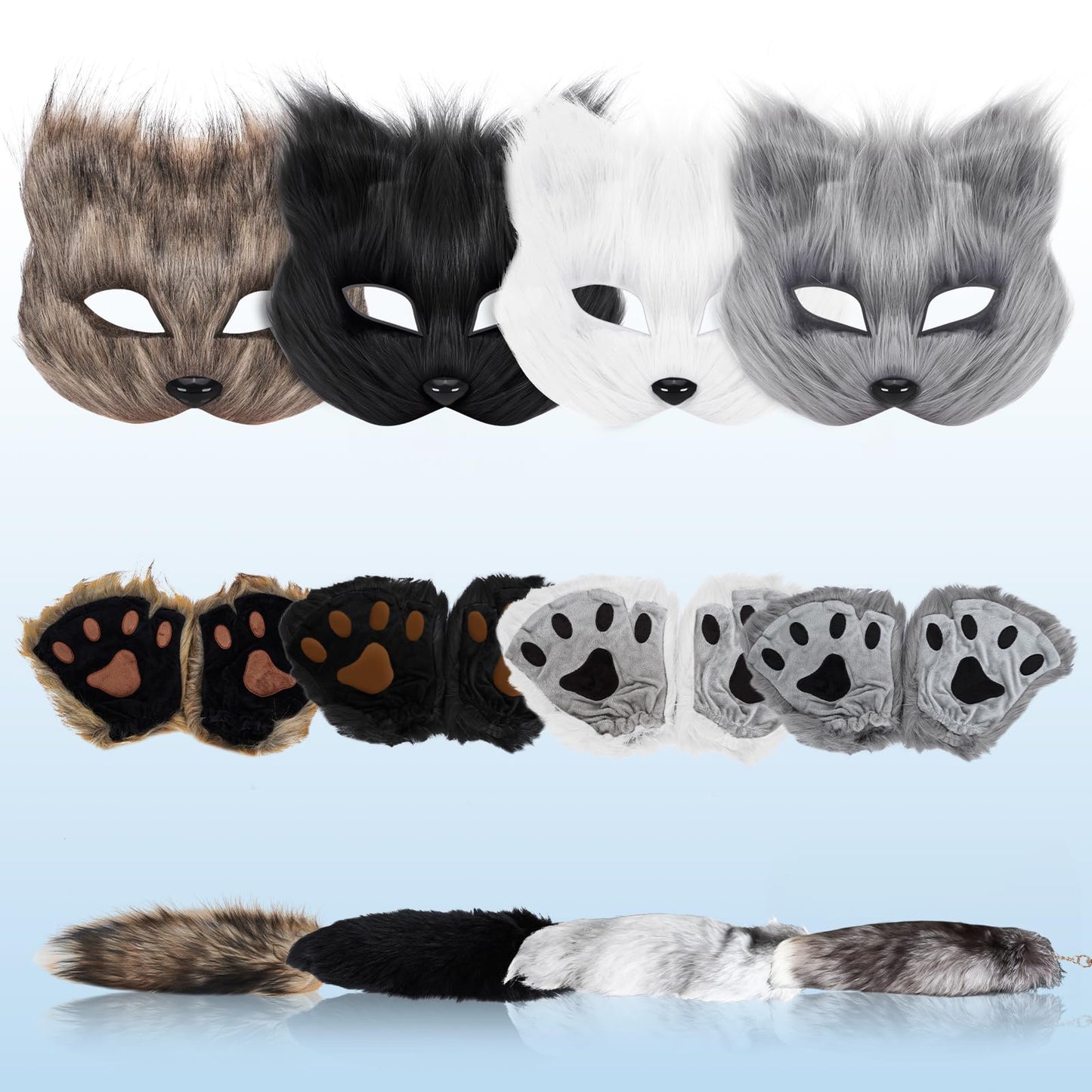 TherianMask Tail Set Furry Cat Fox Mask With Therian Paws Kit - Halloween Costume for Adults (Black)