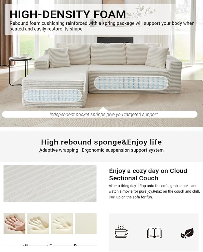 Vanress Cloud Couch Sectional, Corduroy Boneless Couch with L-Shape Chaise, Modern Modular Sectional Sofa Comfy Deep Seat for Living Room, Bedroom, No Assembly (White, Left Facing Chaise)
