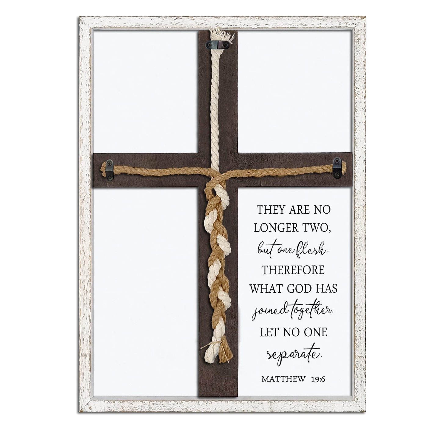 Matthew 19:6 What God Has Joined Sign 15"X10" Cord of Three Strands Braid for Wedding Ceremony Cross Ideas Wood Frame Christian Marriage Gifts Decor for Couple Anniversary Religious (White)