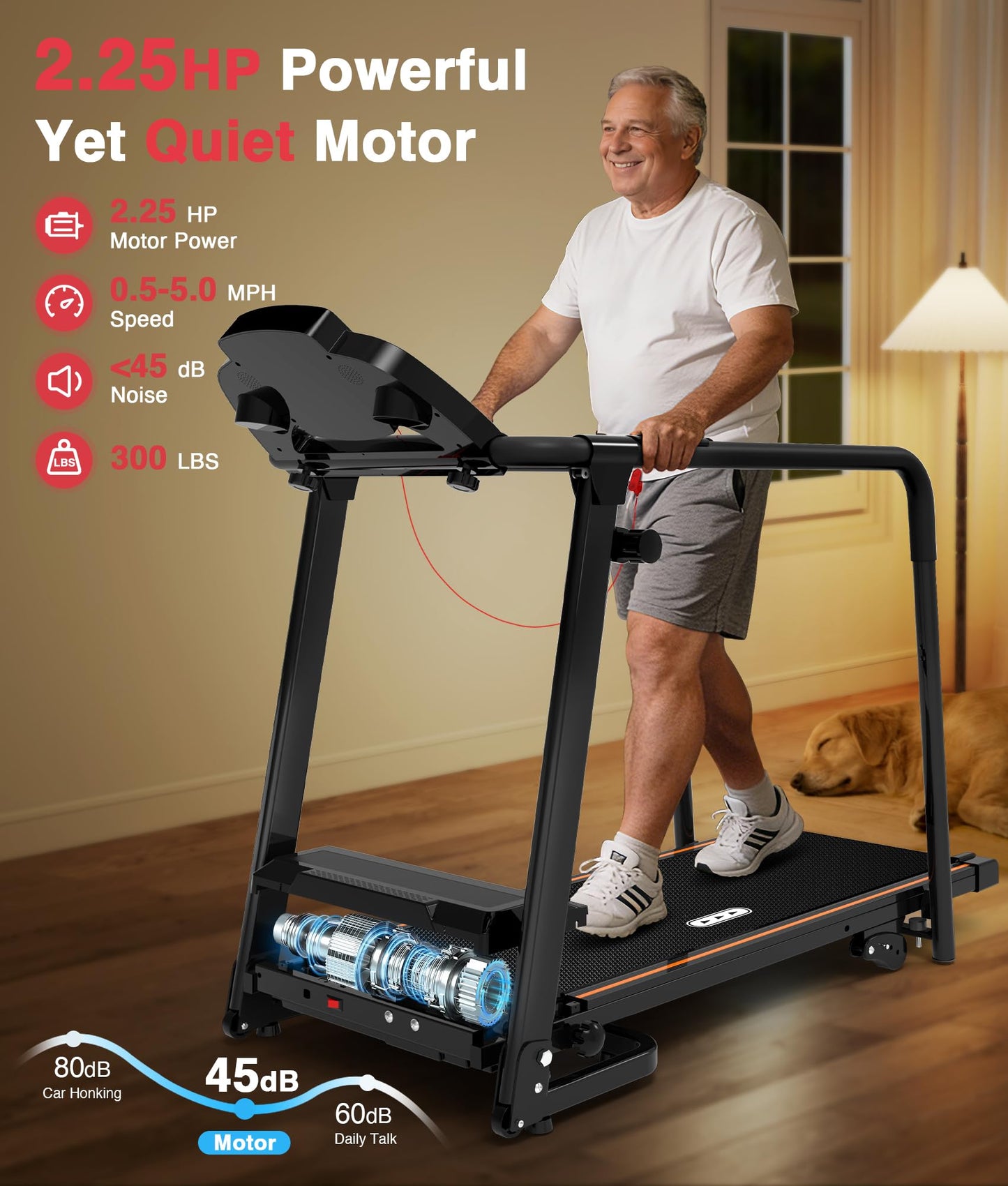Redliro Treadmill for Seniors with Long Handrails - 300 lb Capacity, 0%-2% Incline, Foldable Compact Rehab Walker with Screen-Off & Mute Buttons, Wheels, Cup/Phone Holder for Home Apartment Exercise