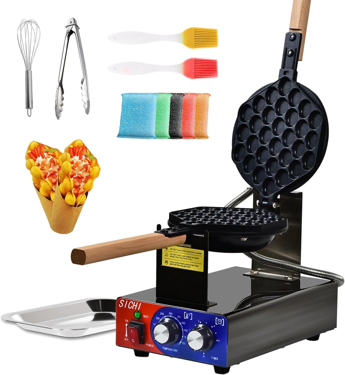 HTTSICHI Bubble Waffle Maker - Commercial Egg Waffle Maker w/Non-stick, Temperature and Timers, 1400W Hong Kong Egg Waffle Iron w/Rotating Baking Pan, Stainless Steel Bubble Waffle Machine Restaurants