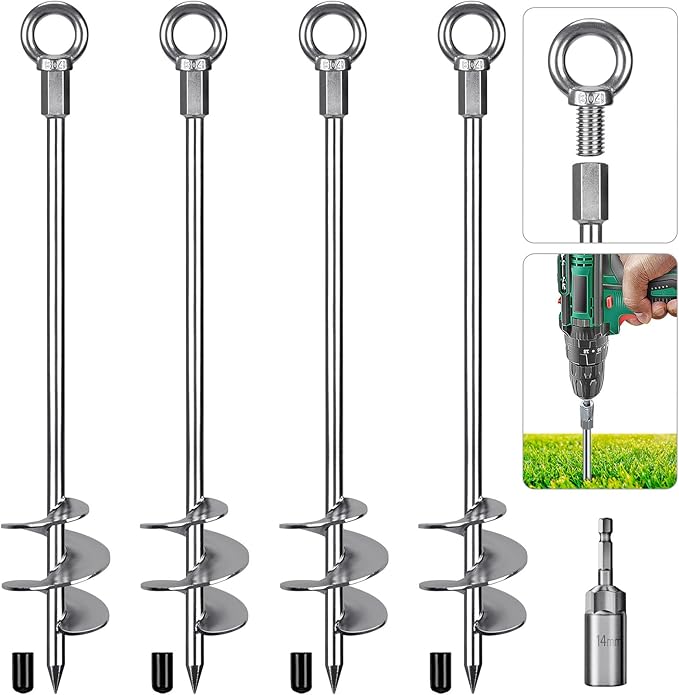 Insaga 30'' Ground Anchors Screw in Heavy Duty 12mm Solid Steel, 3" Spiral Blade with Smooth Edges, Fully Welded Design for Mobile Home, Shed, Trampoline, Swing Set, Carport, Earth, Tent, 4Pack