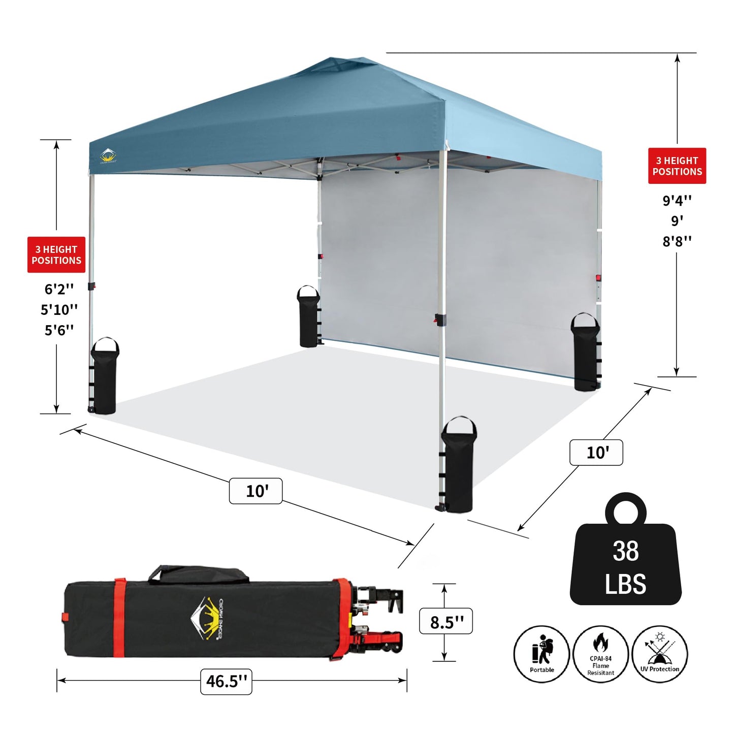 CROWN SHADES 10x10 Pop Up Canopy with 1 Side Wall - Beach Tent with One Push Setup - Outdoor Sun Shade for Events, Parties, Camping - Gazebo with STO-N-Go Cover Bag (Cyan Blue)