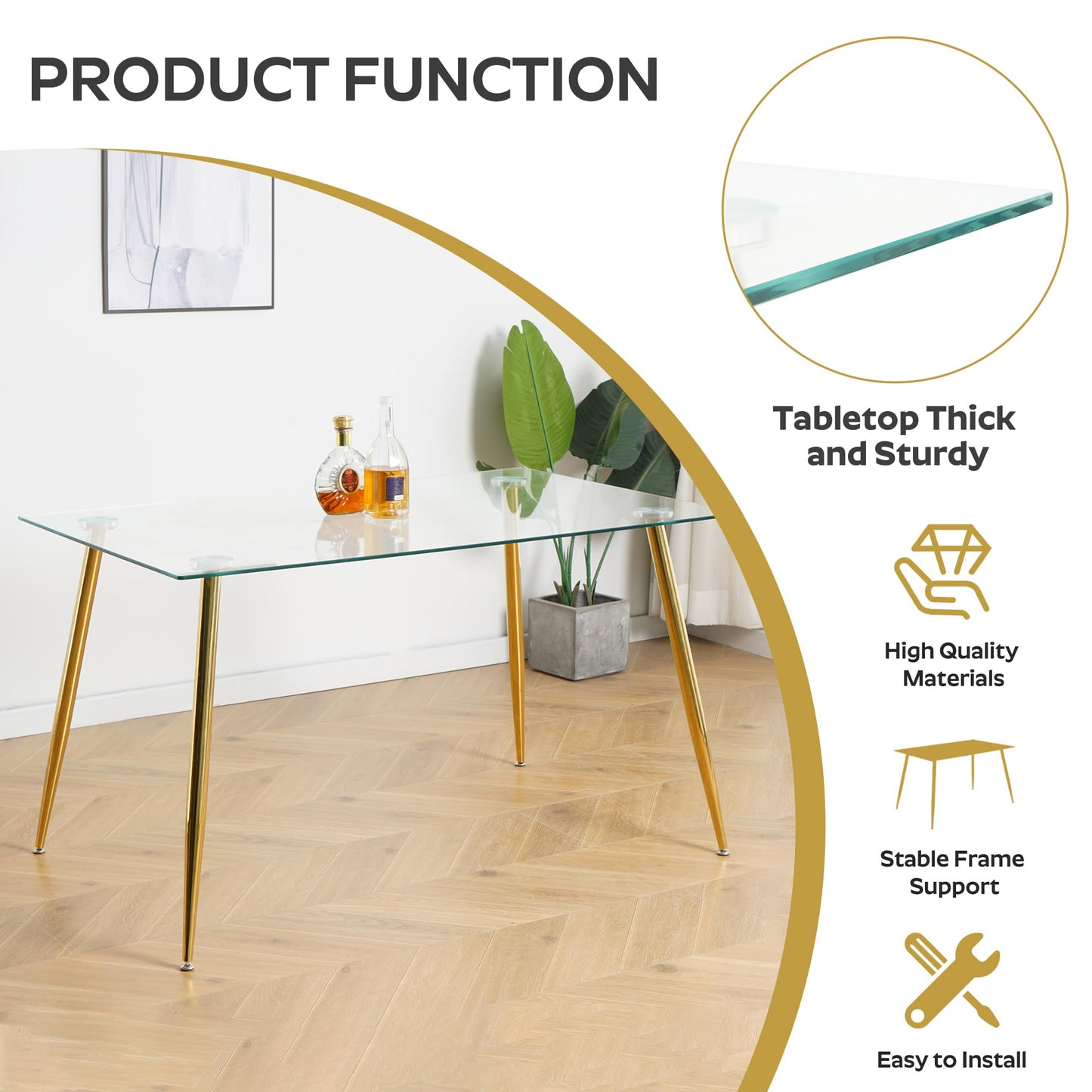KATBOC 51" Modern 5-Piece Dining Table Set for 4 Rectangular Glass Table with 4 Upholstered Leather Chairs, Seats 4 Ideal for Kitchen Dining Room(White&Gold)