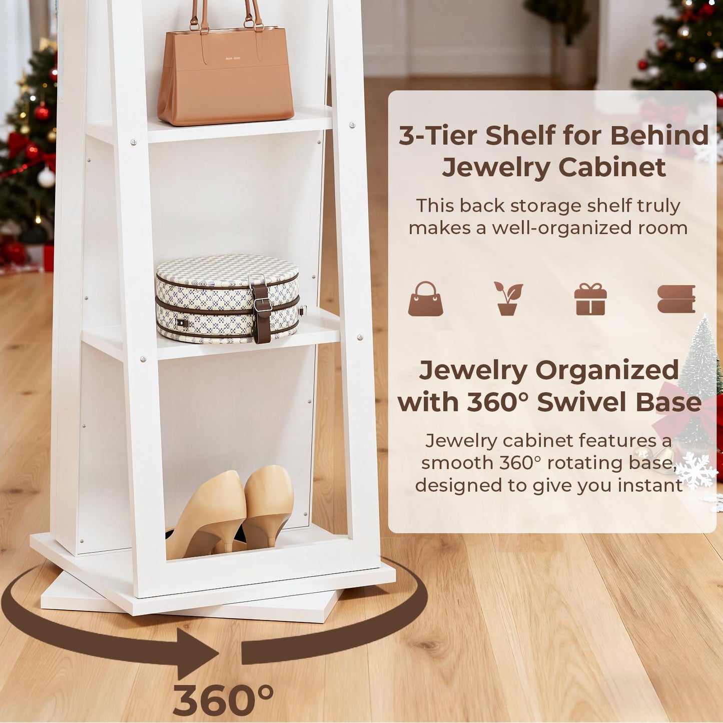 FAVSH 4-In-1 Jewelry Cabinet with Full-Length Mirror, 360° Swivel Jewelry Armoire Lockable Standing, Back Storage Shelves, Makeup Mirror, Jewelry Organizer with Storage for Best Gift, White