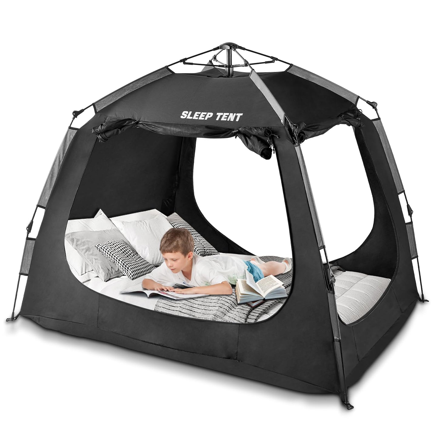 YAVIL Portable Bed Tent Bed Canopy Full Size,ONE-Click Sleeping Tent Breathable Indoor Tent Privacy Large Space with 3 Doors for Kids and Adult