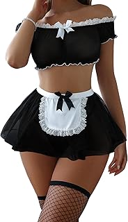 Foxiny Sexy Stockings Mini Skirt Mesh Sheer Lace Halloween Costume Maid Outfit Lingerie with Thong Set 4 Piece