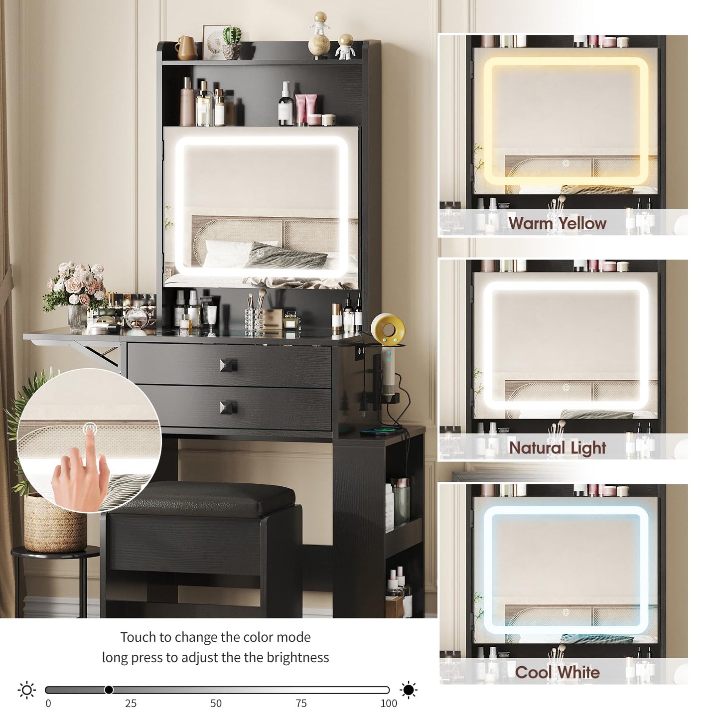 Vabches Small Makeup Vanity Desk, 3 Adjustable Lighted Mirror, White Vanity Set, Fold-up Panel, Charging Station, Glass Top, Drawers, Chair, 2 Hidden Storage Shelves (Black)