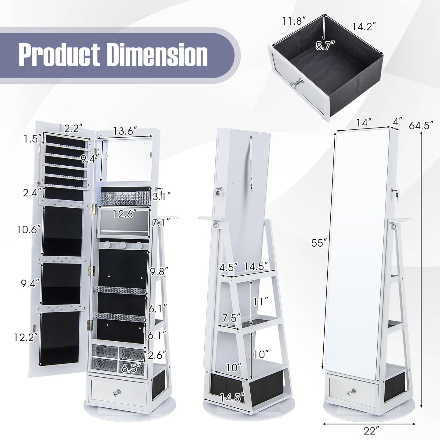Byroce 360° Rotating Jewelry Armoire with Full Length Mirror, Lockable Jewelry Cabinet w/6 LED Lights, Hairdryer Rack, Rear Storage Shelves & Bottom Drawer, Standing Jewelry Organizer (White)