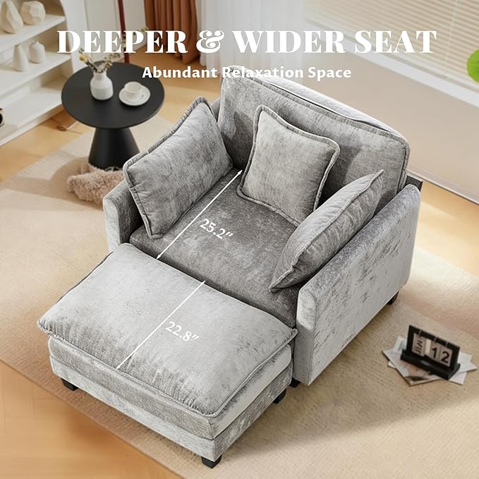 SoarFlash Chenille Sectional Sofa, Comfy Modular Single Sofa with Ottoman, Modern Recliner Deep Seat Sofa Set for Living Room,Grey