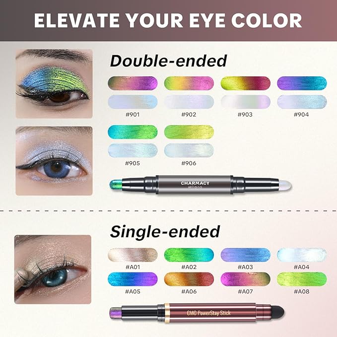 CHARMACY Multichrome 2 in 1 Cream Eyeshadow Stick, Waterproof Eye Brightener Highlighter Stick Makeup, High Pigmented, Smudge-Proof, Vegan & Cruelty-Free (#902)