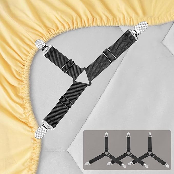4pcs Bed Sheet Straps Holders, Adjustable Non Slip Elastic Bedsheet Grippers Triangle Mattress Suspenders, Keep in Place Fitted Bed Sheet Holders for Corners, Sofa Cushion, Mattress Cover Straps Black
