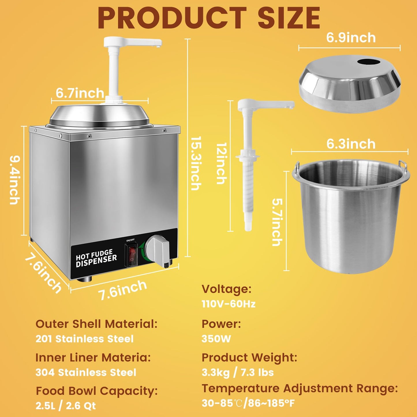 Julymoda Nacho Cheese Dispenser with Pump - 2.6QT Stainless Steel Cheese Warmer, Hot Fudge Warmer Machine with Temperature Control, Commercial Sauce Dispenser for Hot Milk, Hot Fudge, and Caramel