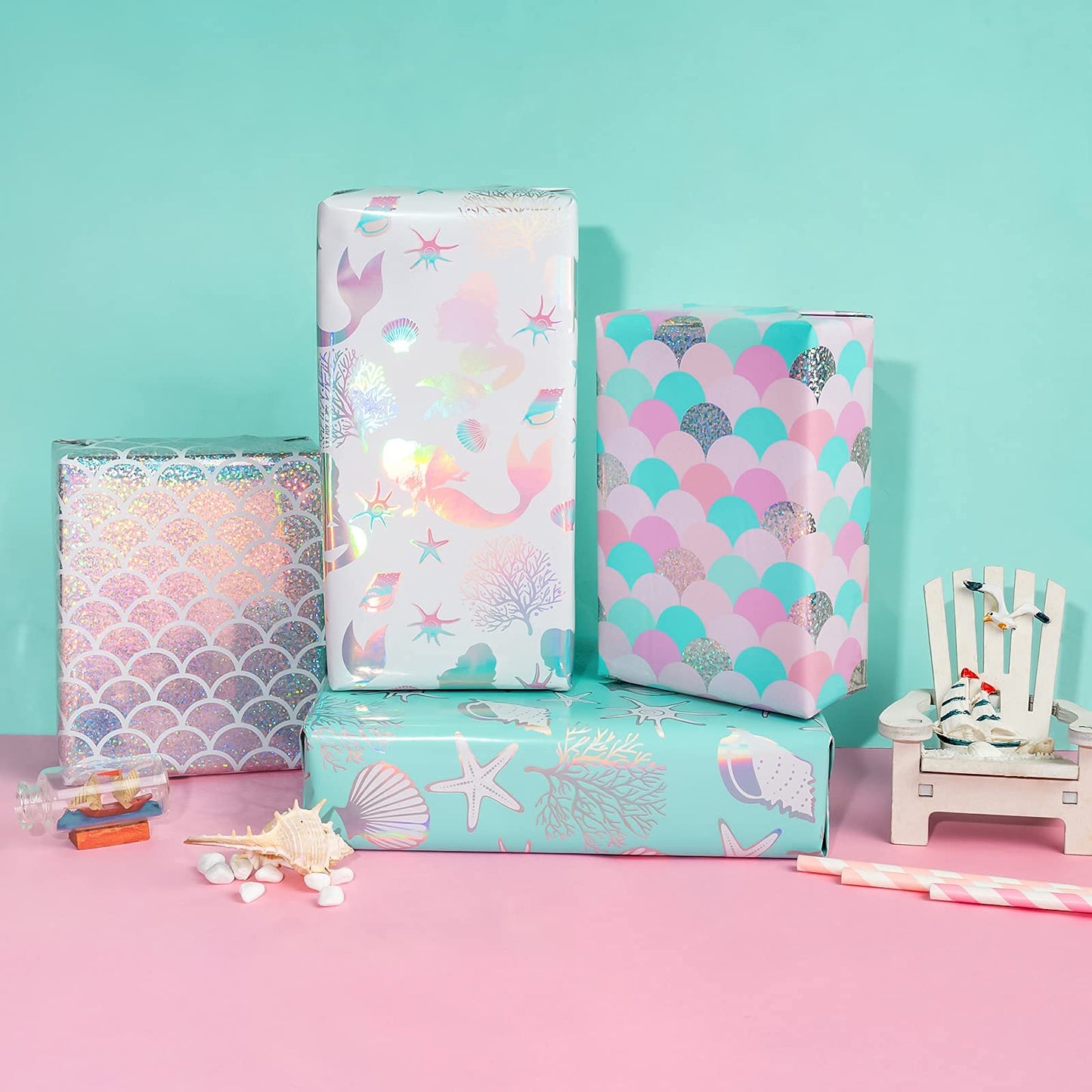 WRAPAHOLIC 30 Inch Mermaid Wrapping Paper - Jumbo Roll Colorful Foil Girls Wrapping Paper for Kids Girls Birthday, Baby Shower - 4 Rolls - 30 Inch X 120 Inch Per Roll
