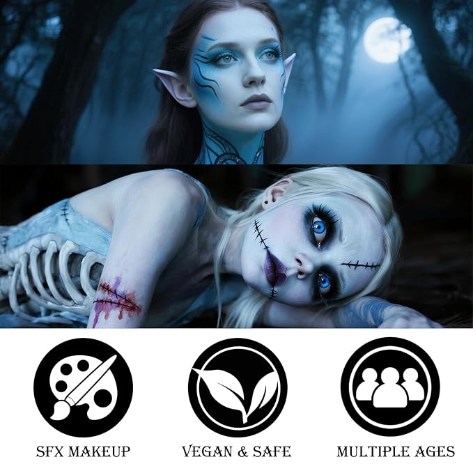 Black White Light Blue Face & Body Paint - Blendable Facepaint Foundation with Sponge & Brush for Skin, Professional Halloween Face Make-up Kit for Sally Face Avatar Smurf Corpse Bride Pale Costume