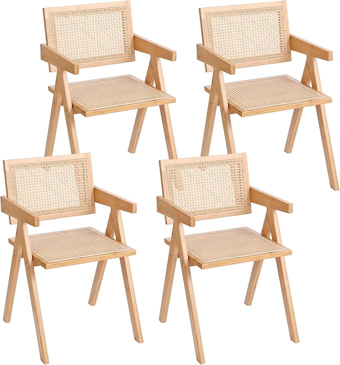Furlide Rattan Dining Chairs Set of 4, Modern Mid Century Accent Chairs, Comfy Armchairs, Outdoor Rattan Chairs with Armrest for Bedroom Living Room Reading Room Dining Kitchen
