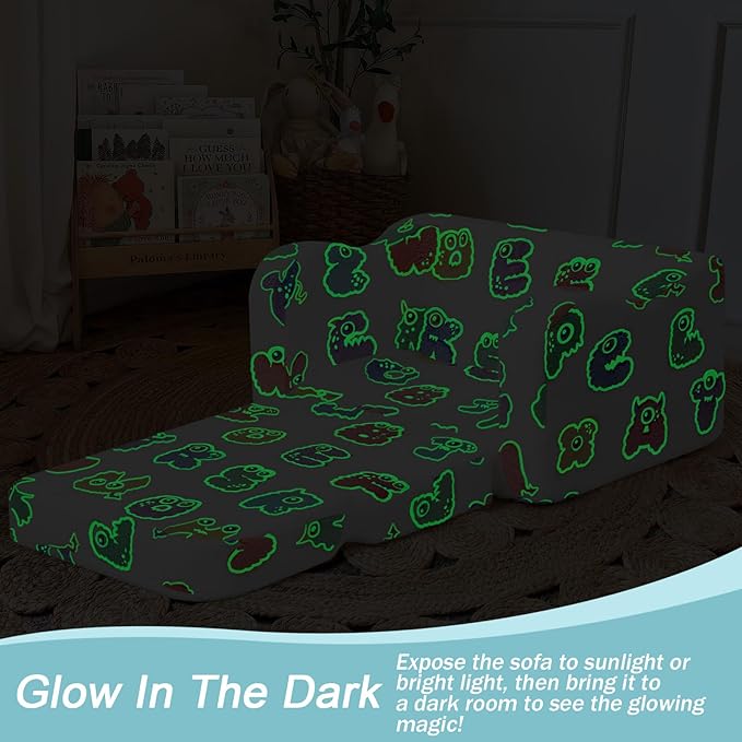 MeMoreCool Glow Alphabet Toddler Sofa Bed – 2-in-1 Foldable Foam Chair for Kids Light-Up Letters, Soft Supportive Foam, Machine-Washable Cover, Great for Boys and Girls