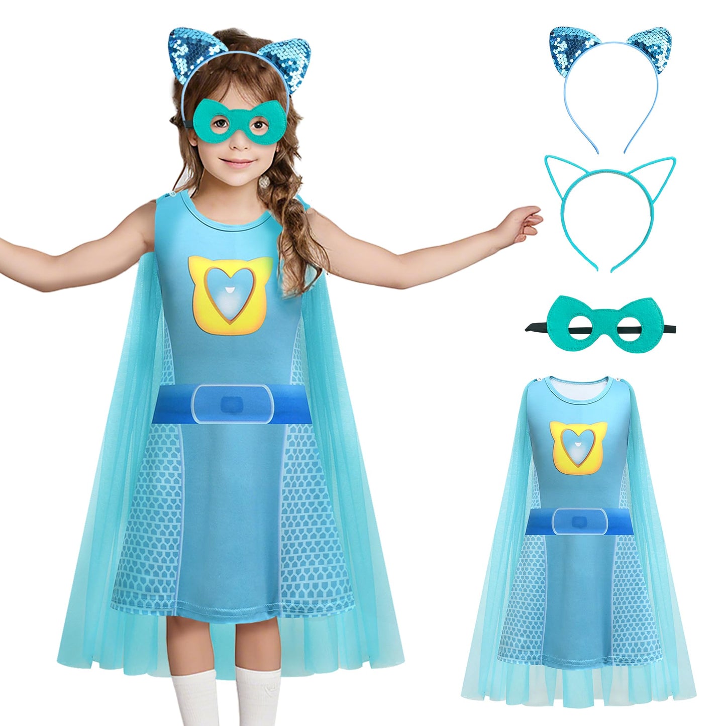 CheerfulChic Superhero Cape Dress with Cat Ear Headband and Mask Set,Birthday Halloween Christmas Costume For heroes（110cm） Blue green