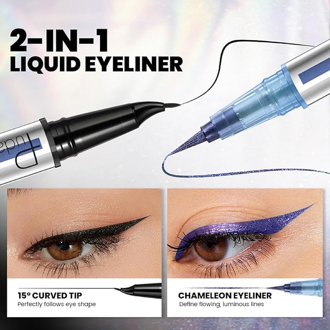 Black and Multichrome Waterproof Liquid Eyeliner, Stay All Day Eye Liner Pen with Precise Tips for Women, Smudge-Proof & Transfer-Resistant, Vegan & Cruelty-Free