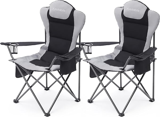 Aohanoi 2 Pack Camp Chairs for Heavy People, Outdoor Folding Camping Chairs with Cup Holder & Cooler Bag for Outside Suppo...