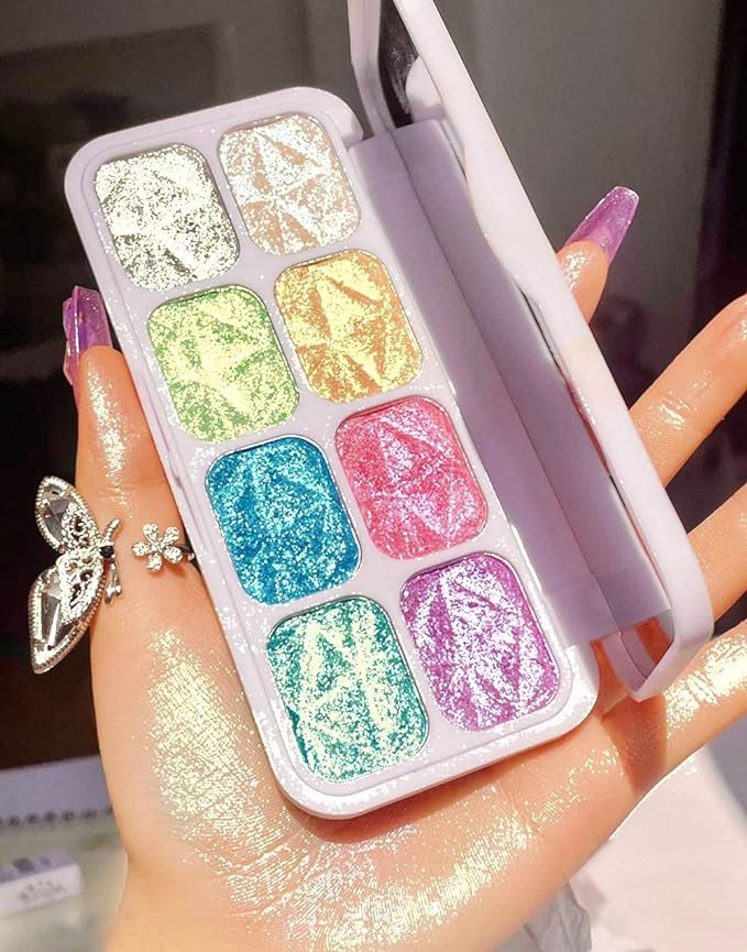 8 Color Face Cheek Highlighter Makeup Palette Shimmer Glitter Iridescent Multichrome Holographic Eyeshadow Palette Purple ...