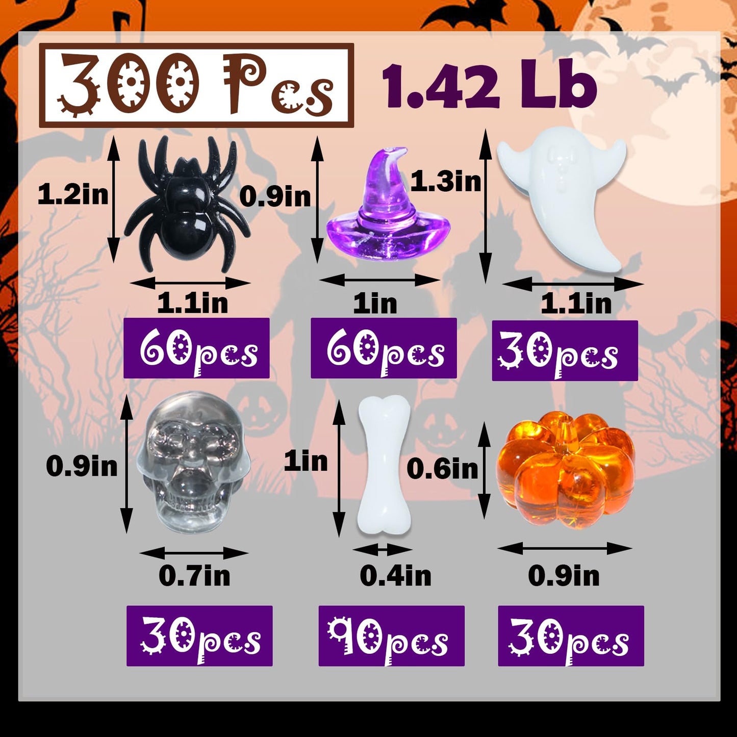 HADDIY Halloween Sensory Bin Filler,300 Pcs Mini Acrylic Pumpkin Ghost Skull Gems Vase Fillers for Halloween Centerpieces Table Decorations,Table Scatters,Preschool Counting and Craft