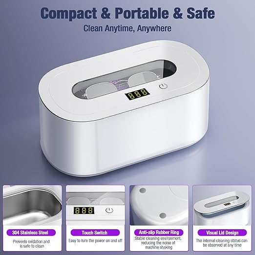 Ultrasonic Jewelry Cleaner, 48KHz Professional Jewelry Cleaner Ultrasonic Machine with Digital Timer, 30W Ultrasonic Cleaner for Necklaces, Eyeglasses, Rings, Dentures, Watch Strap