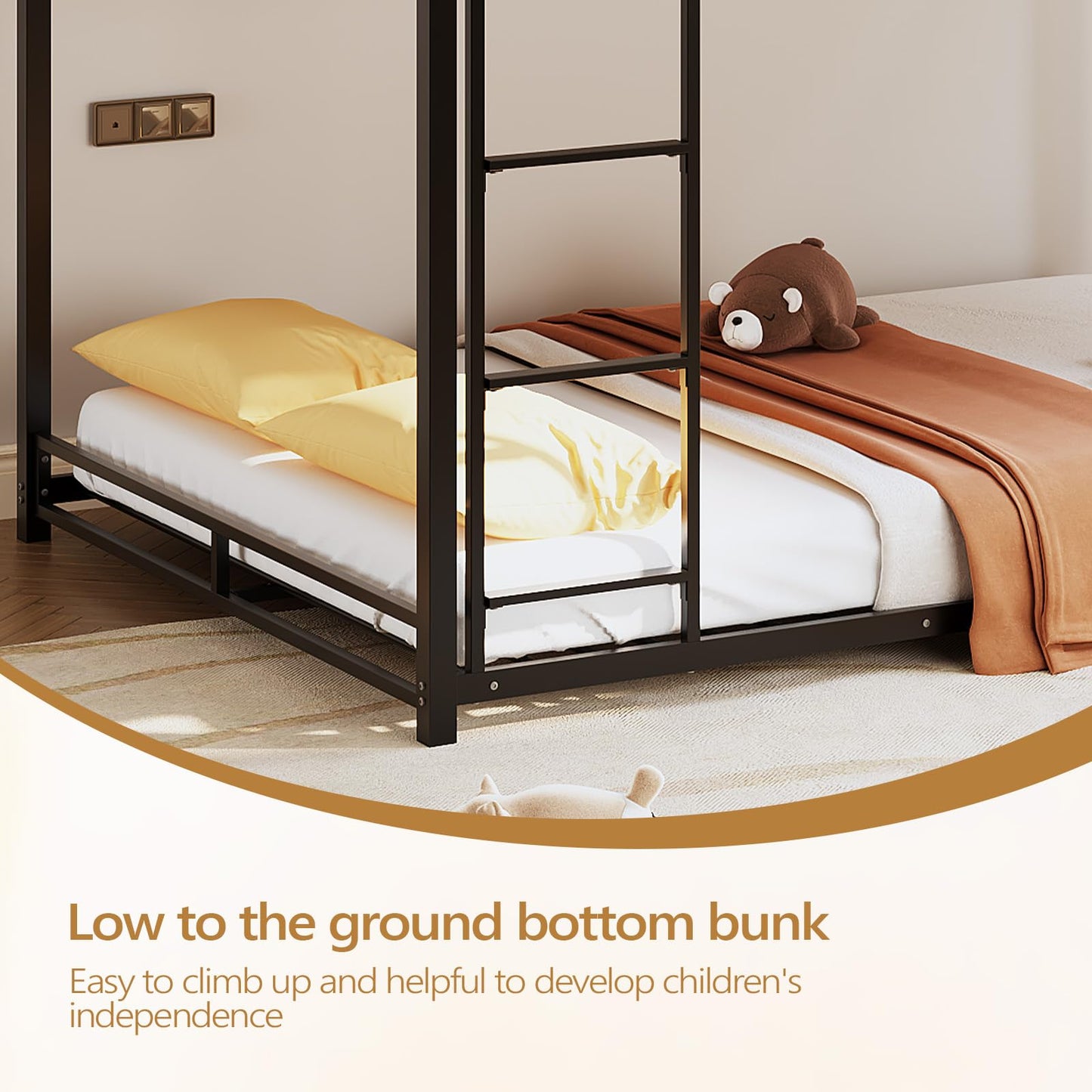 JOYMOR Metal Bunk Bed Full Over Full, Twin Size Bed Frame for Boys Girls, Junior, Low Profile Bunk, Space Saving Design, Mattress Not Included (Black)