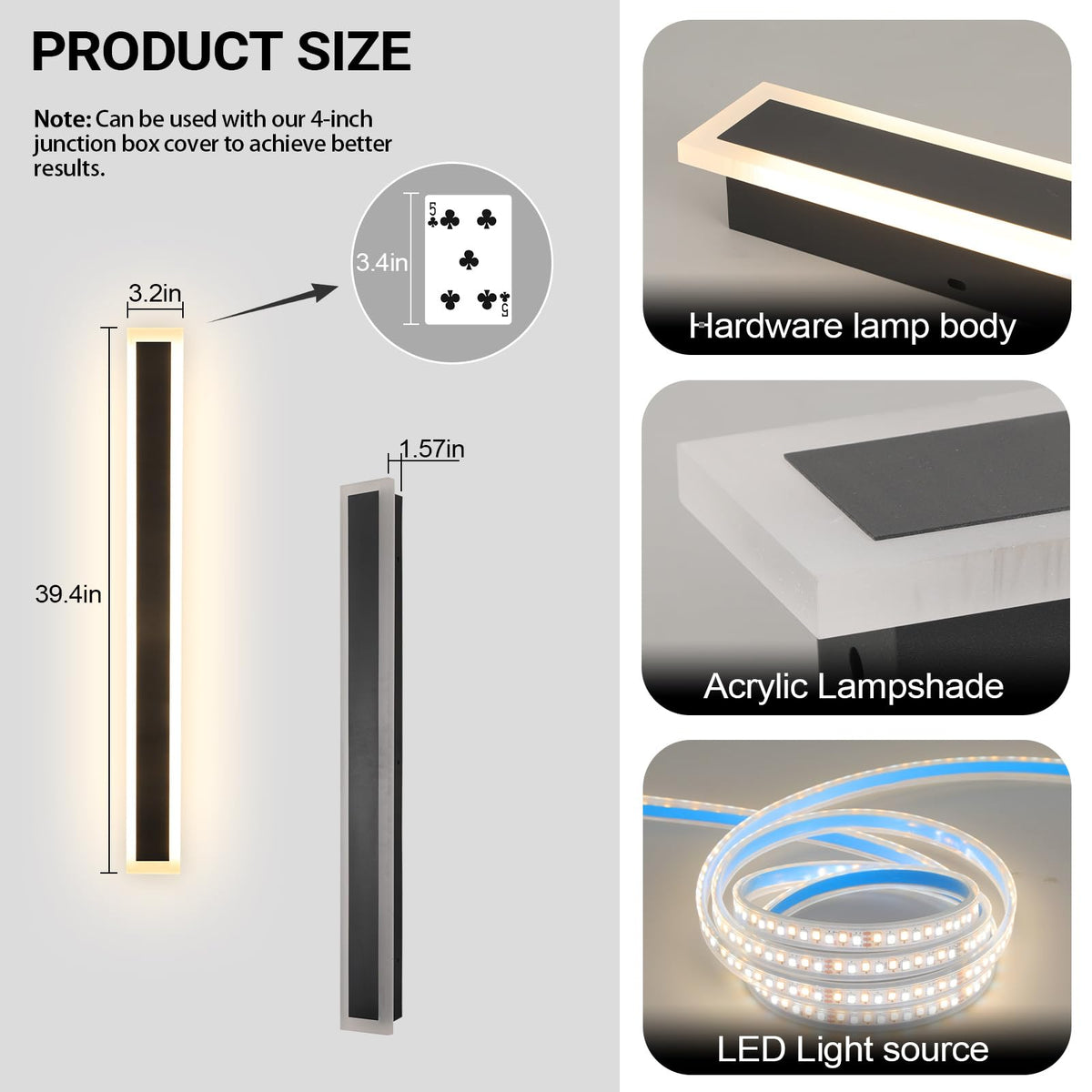 SMINGYINGZ 39 Inch Black Modern Outdoor Wall Light 3000K-6000K Dimmable Modern Exterior Wall Sconce Long LED Linear Exterior Lights for Patio Garden Garage