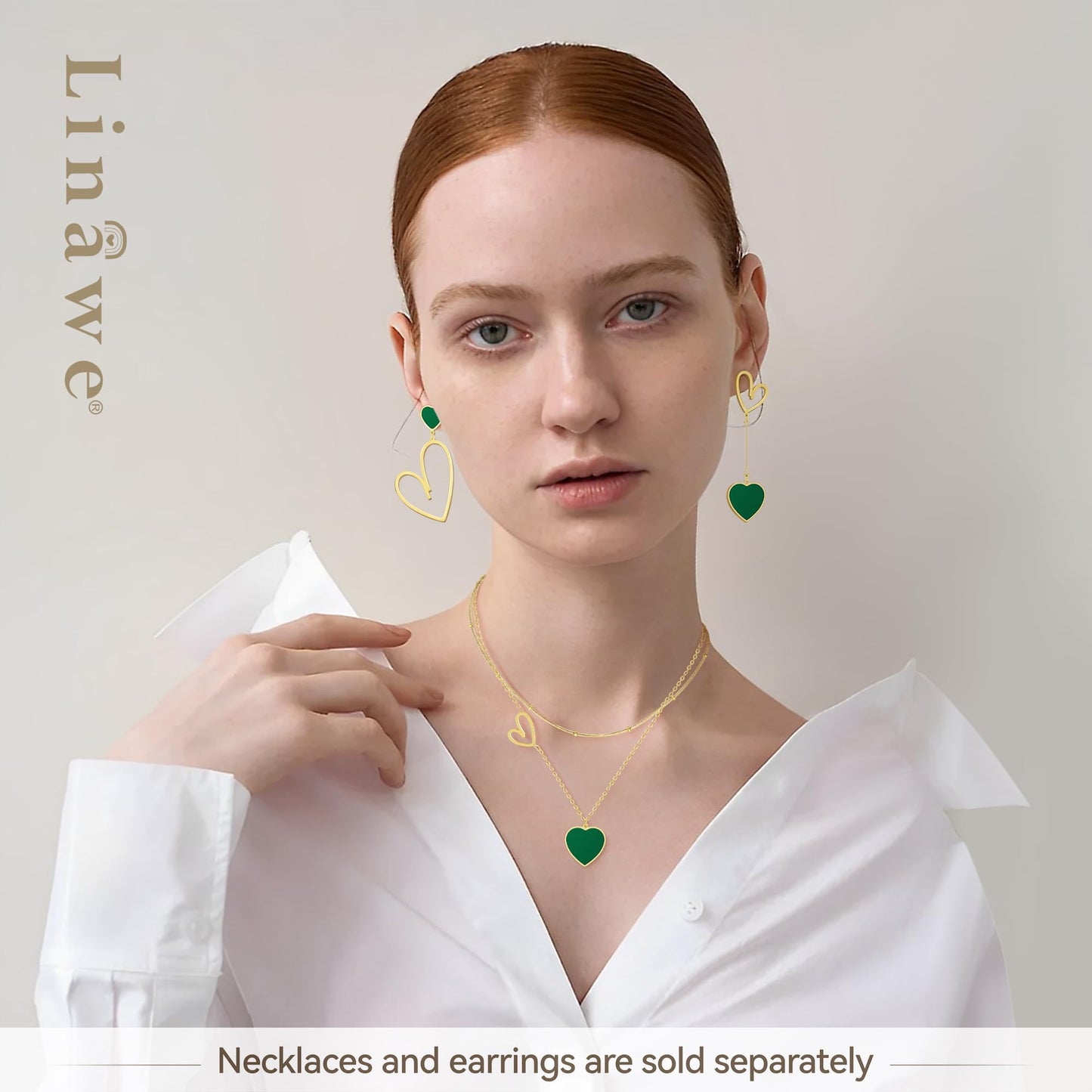 Linawe Gold Heart Earrings for Women Trendy, Emerald Green Dangle Drop Earrings, Titanium Stainless Steel Hypoallergenic Asymmet