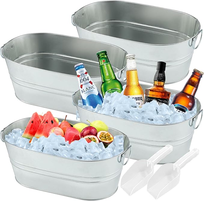 4PCS 4 Gallon Galvanized Tub Champagne Bucket with Carry Handle Large Metal Drink Buckets with Scoops for Home Bar Beer Ch...