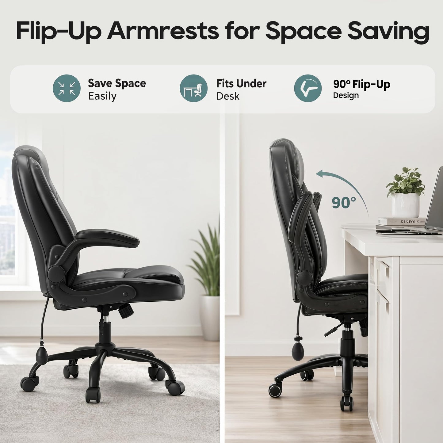MALOL Leather Office Chair, Computer Desk Chair with Adjustable Lumbar Support, Thick Cushion, Flip-Up Arms and Ergonomic Back, Comfy Executive Office Chair for Home Office Gaming,Black