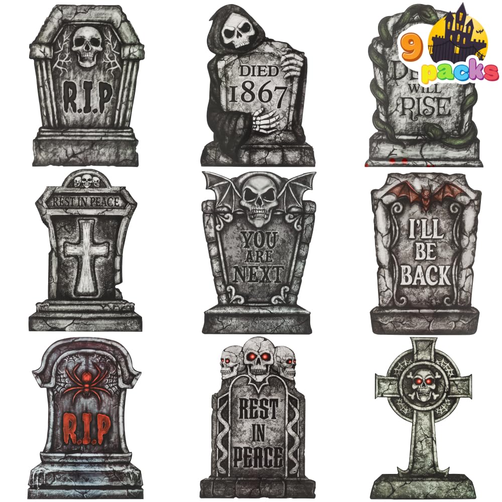 JOYIN 16" 9 Pcs Halloween Tombstones Decorations Outdoor, Graveyard Yard Lawn Plastic Headstones With 18 Metal Stakes For Halloween Cemetery, Indoor Decorations, Prop, Party Decor Supplies