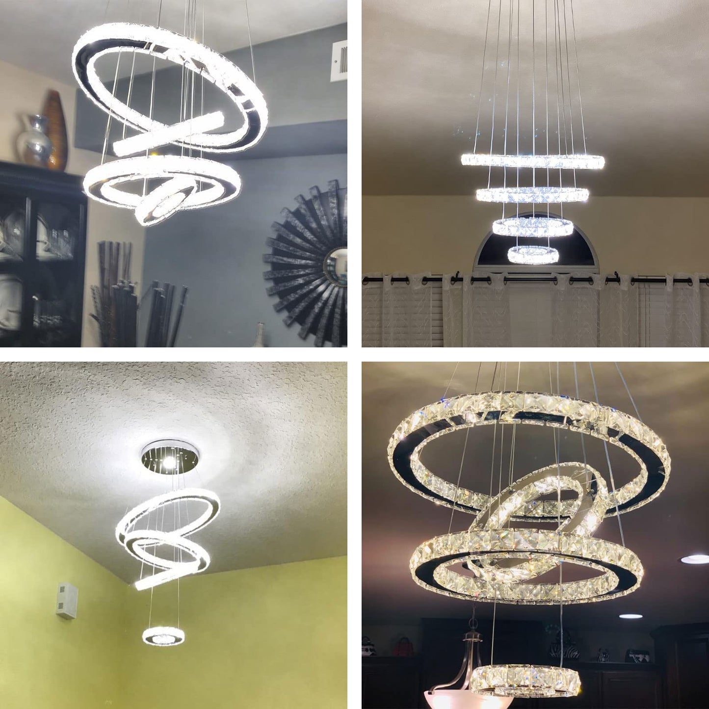 diisunbihuo Crystal Chandeliers Modern LED Rings Pendant Light Adjustable Stainless Steel Ceiling Light Fixture for Living Room Dining Room Bedroom (Cool White)