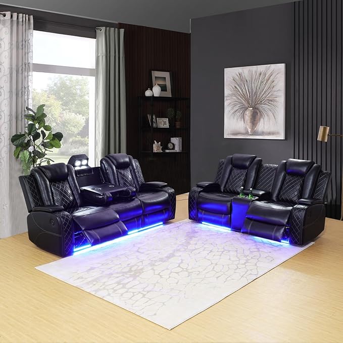 A Ainehome Luxury Furniture Sets Power Recliner Sofa Set Recliner Leather Sofas Loveseat Chair for Living Room Furniture/Small Space/Rv/House/Office/Theater Seating (F-Black,Sofa+Loveseat)