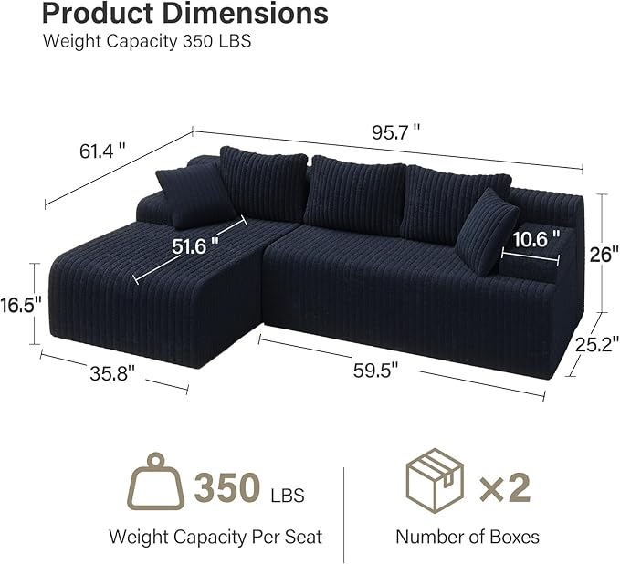 LAUSAINT HOME 96" Modular Sectional Sofa Couches, L-Shaped Boneless Cloud Sofa with 3 Deep Seat, 5 Cushiones Oversized Chaise for Living Room, Bedroom, Plush Corduroy Fabric (Left, Navy Blue)