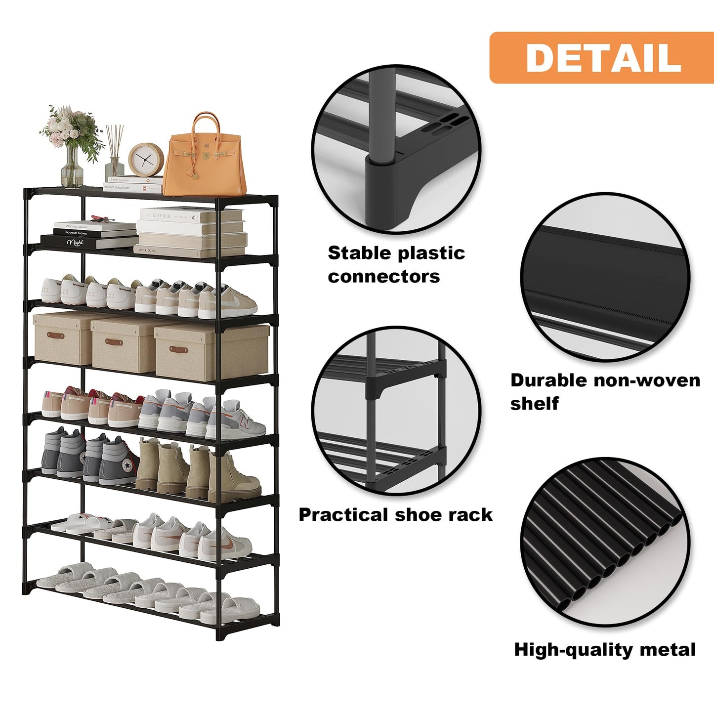 Calmootey 8-Tier Shoe Rack, Tall Large Capacity 40 Pairs Shoes Storage Organizer, Stackable Wide Shoe Shelf for Entryway, Hallway, Black